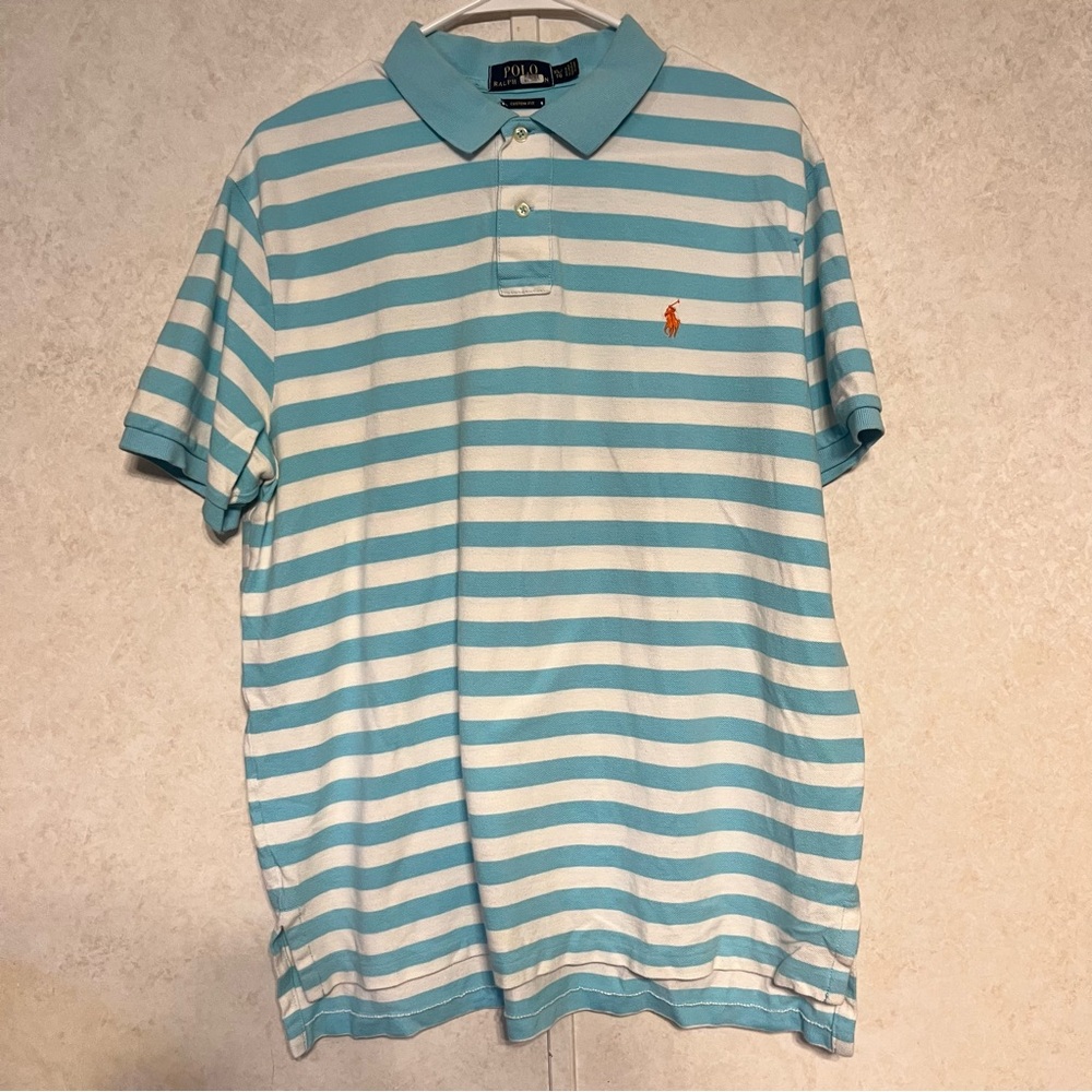 Ralph Lauren Men's Aqua and White Striped Polo‎ Shirt